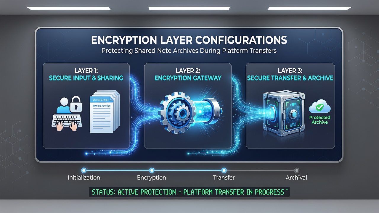 Illustration of secure data flow between two note platforms with encryption checkpoints marked at each stage